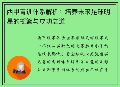西甲青训体系解析：培养未来足球明星的摇篮与成功之道