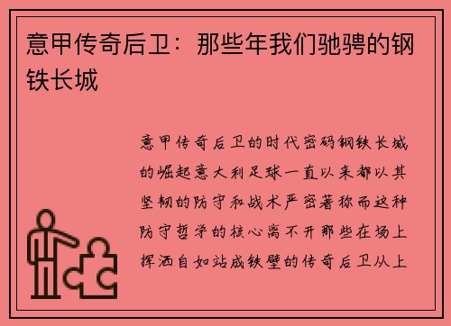 意甲传奇后卫：那些年我们驰骋的钢铁长城