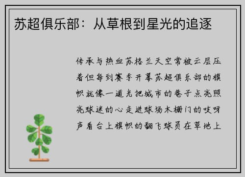 苏超俱乐部：从草根到星光的追逐