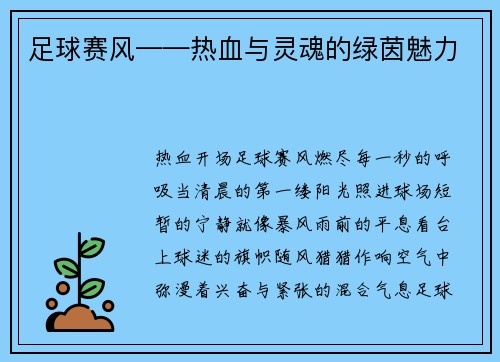 足球赛风——热血与灵魂的绿茵魅力