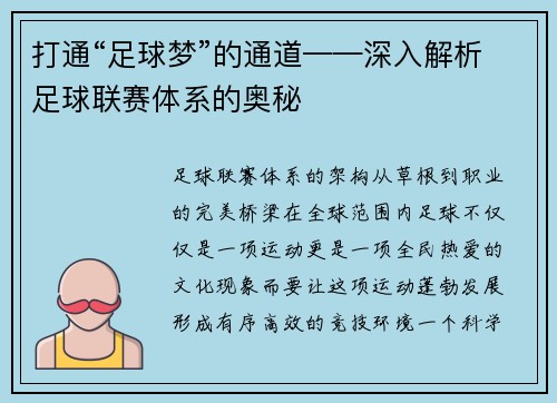打通“足球梦”的通道——深入解析足球联赛体系的奥秘